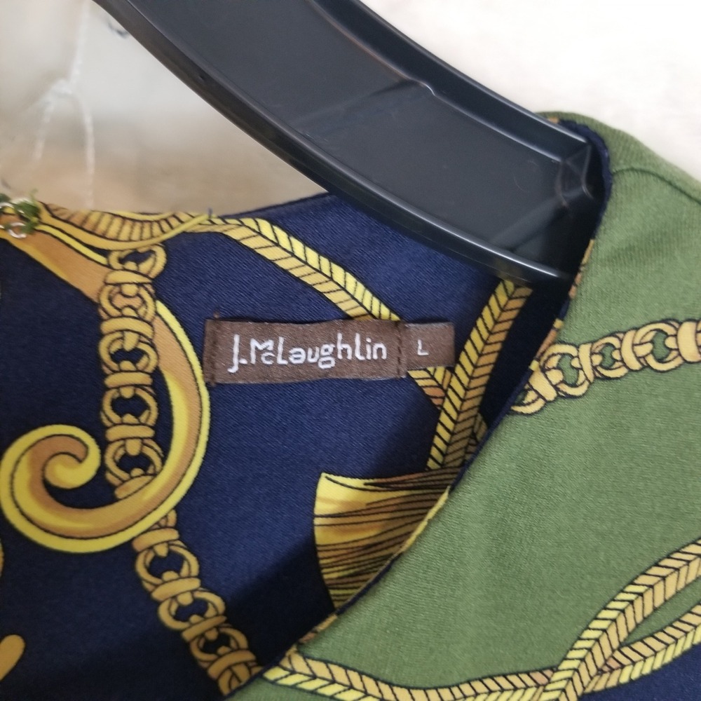 J.McLaughlin Sheath Dress Women Sz L Green Navy Gold Baroque Chain Print 3/4 Slv - Picture 3 of 7